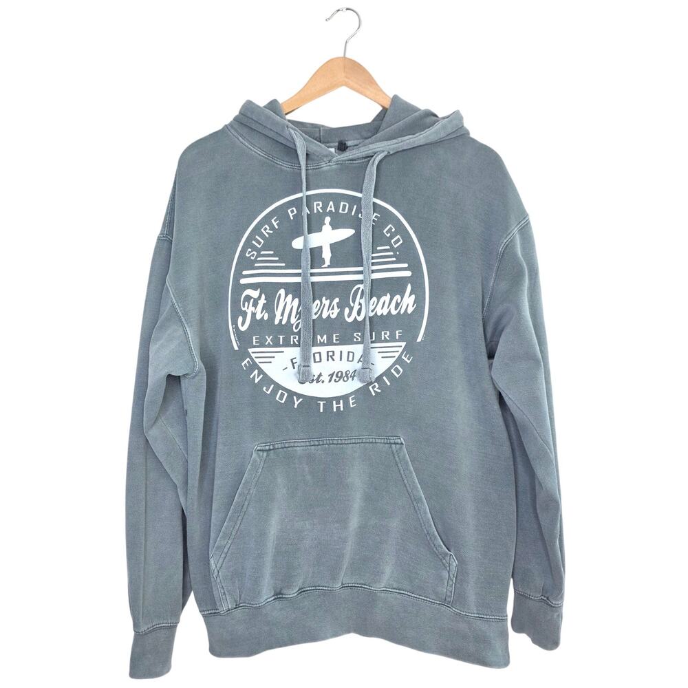 US Vintage Ft Myers Beach Surf Paradise Hoodie Medium Washed Slate Blue Travel - Picture 1 of 8